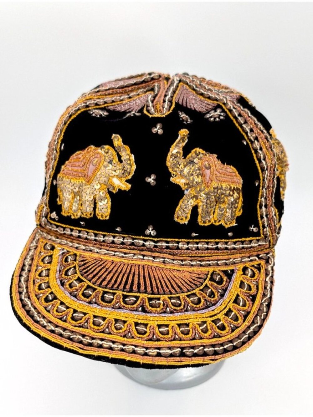 Hand Beaded Black And Gold Burmese Cap/Hat With Elephant Motif